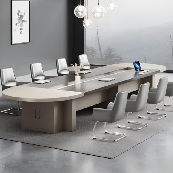 Escritorio ovalado contemporáneo con aparador – 367 cm (L) x 150 cm (A) x 75 cm (H) Mesa sola