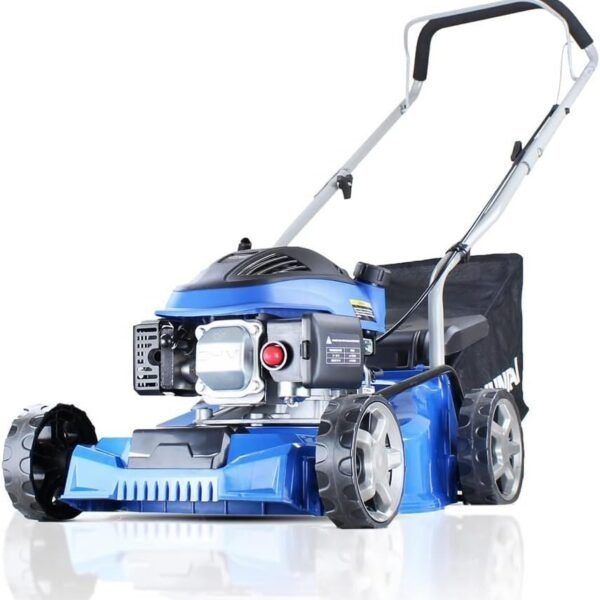 Cortacésped de gasolina Hyundai de 16″ / 40 cm, 79 cm³, ancho de corte 25-75 mm, recogedor de hierba de 45 litros.