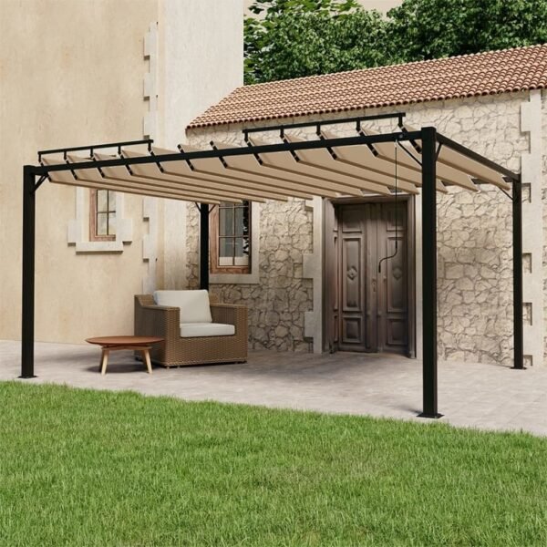 Gazebo con techo de lamas de 3×4 m, lona gris topo y aluminio