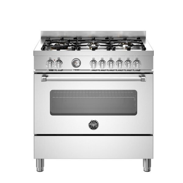 Bertazzoni Her96L1Ext Heritage Cocina independiente cm. 90 – 6 quemadores a gas + 1 horno eléctrico – calientaplatos – acero inoxidable