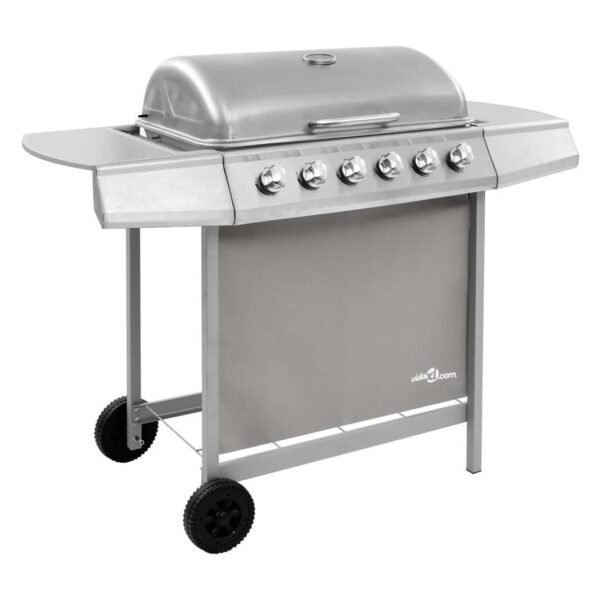 Barbacoa de gas plateada con 6 quemadores, estantes laterales y funda protectora